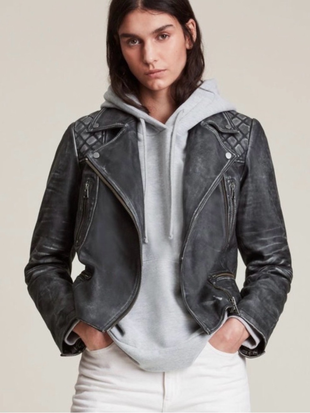 AllSaints Distressed Grey Quilted Leather Biker Jacket- Cargo Moto